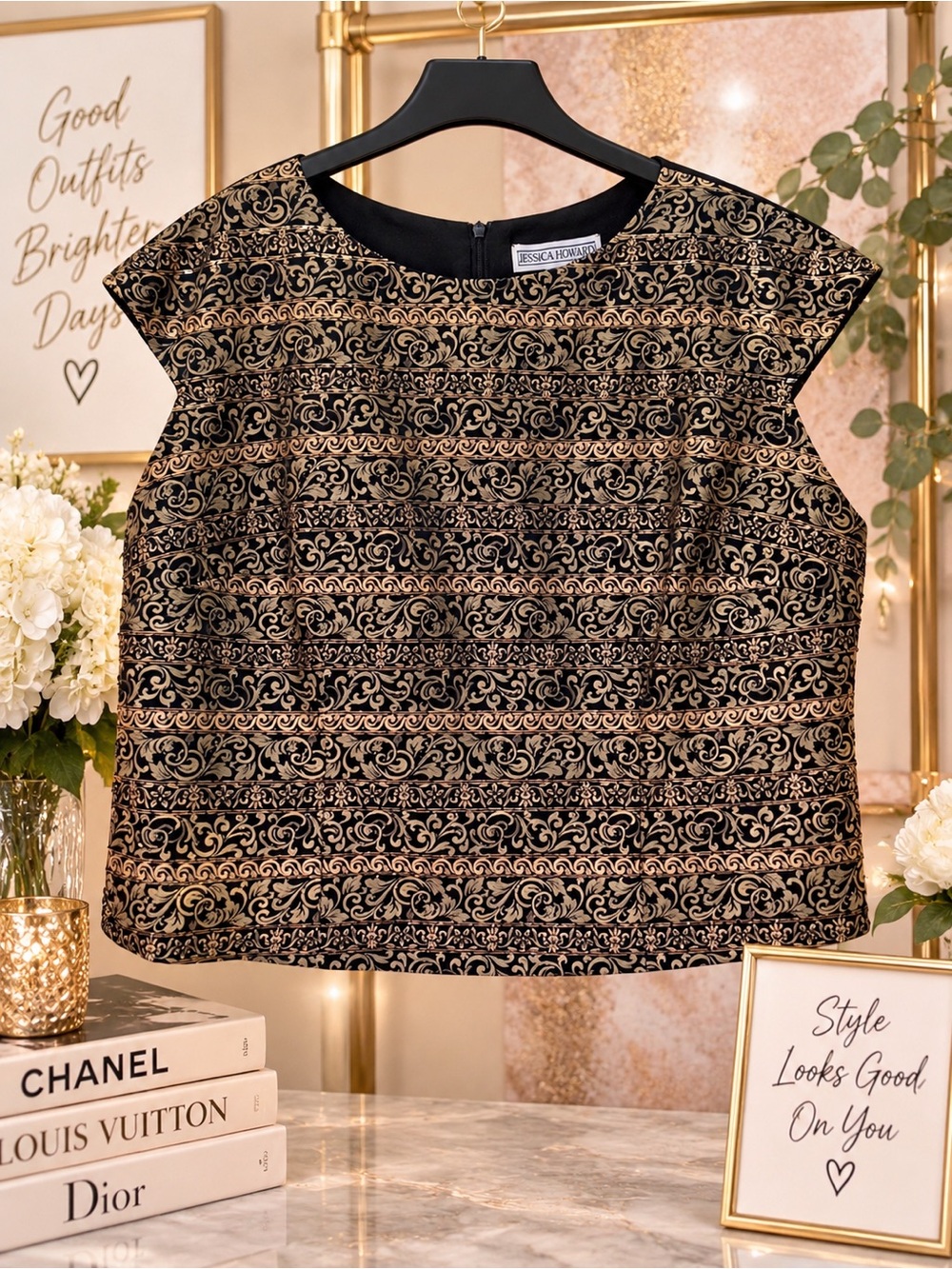 Jessica Howard Black and Gold Brocade Cap-Sleeve Top